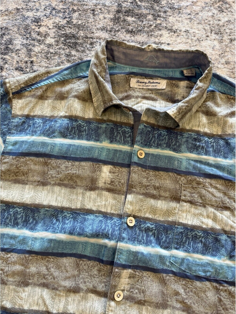 Tommy Bahama Coconut Point Mens XL Shirt Blue Tan Stripe Tencel Coolmax